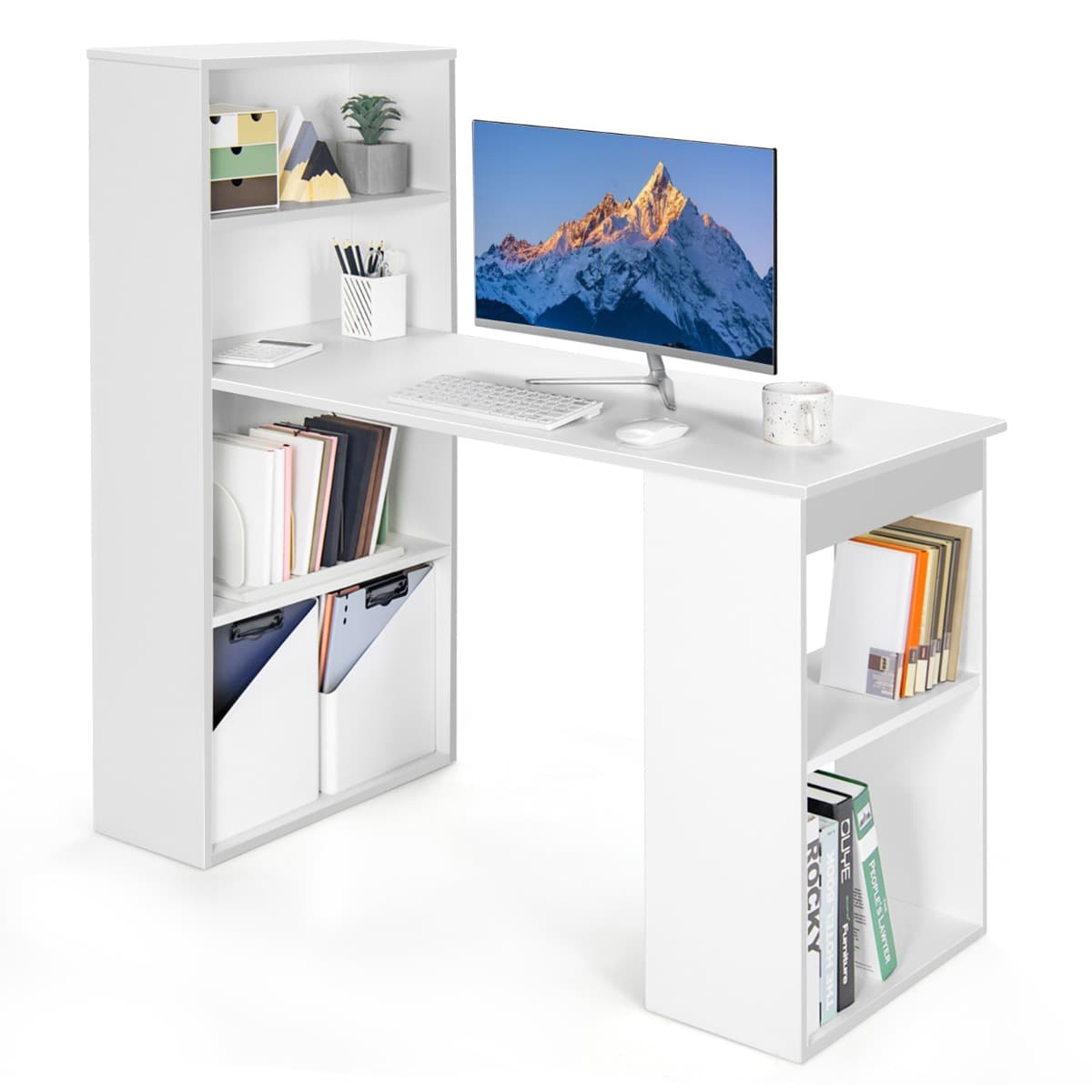 CostwayBureau D'ordinateur avec Bibliothèque Bureau D'écriture Compact de 120 Cm avec Étagères de Rangement à 6 Niveaux Poste de Travail avec Base