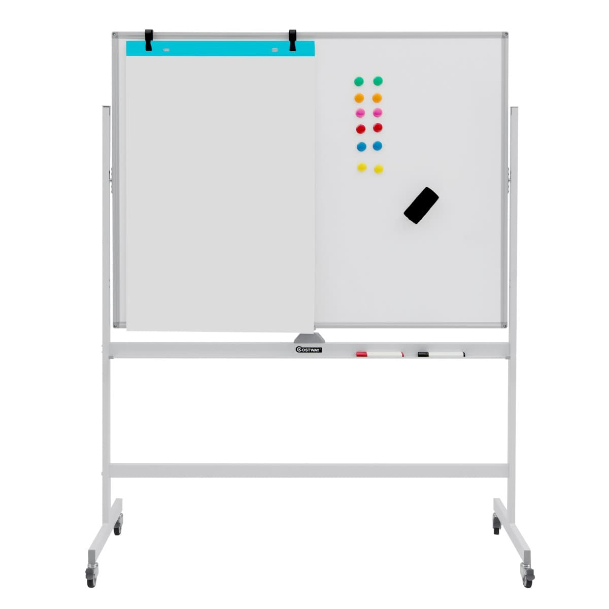 CostwayTableau Blanc Magnétique Double Face sur Pied Réversible à 360° 120 x 90 CM avec Roulettes et Structure en Aluminium