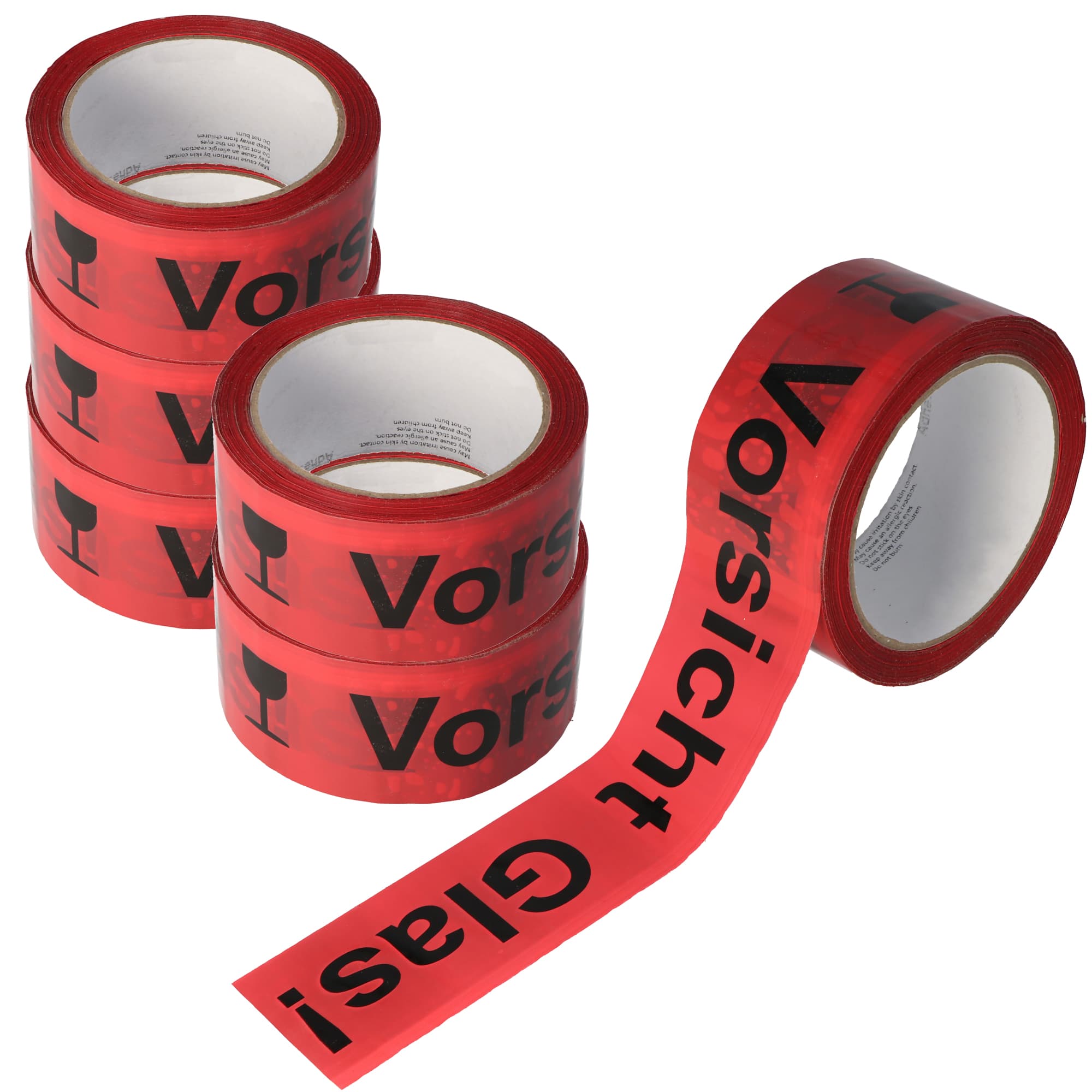 Ruban adhésif Attention verre en version rouge avec écriture noir longueur 66 mètres, largeur 48mm