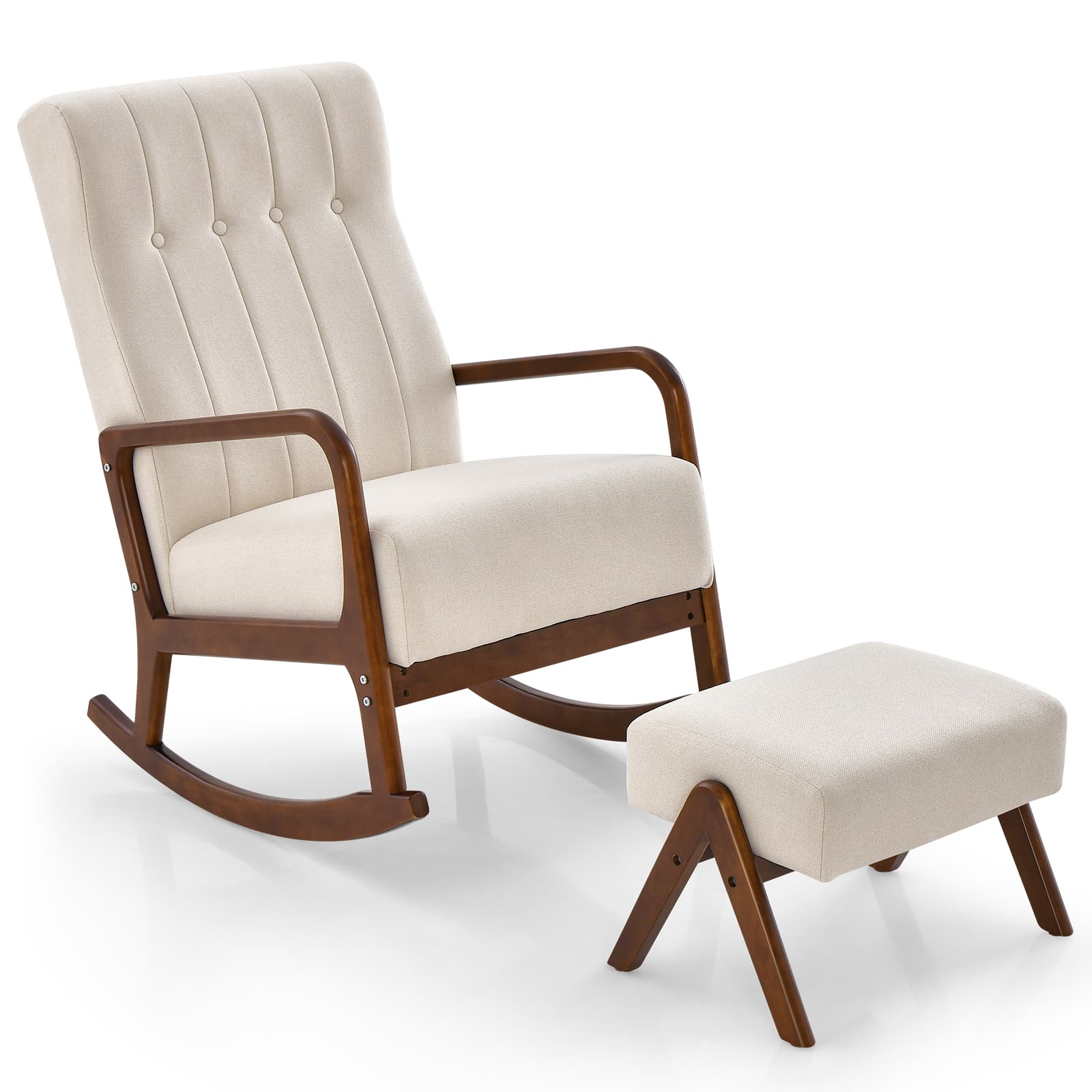 Chaise à Bascule avec Ottoman en Tissu Rembourré avec Cadre en Bois D'hévéa Massif et Coussin Rembou