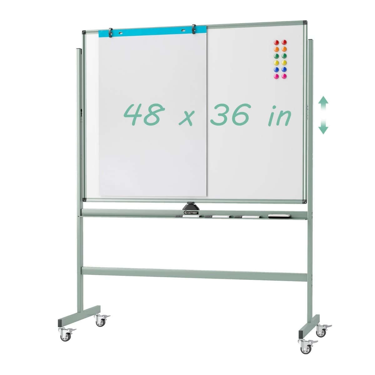 CostwayTableau Blanc Magnétique Double Face sur Pied Réversible à 360° 120 x 90 CM avec Roulettes et Structure en Aluminium Vert